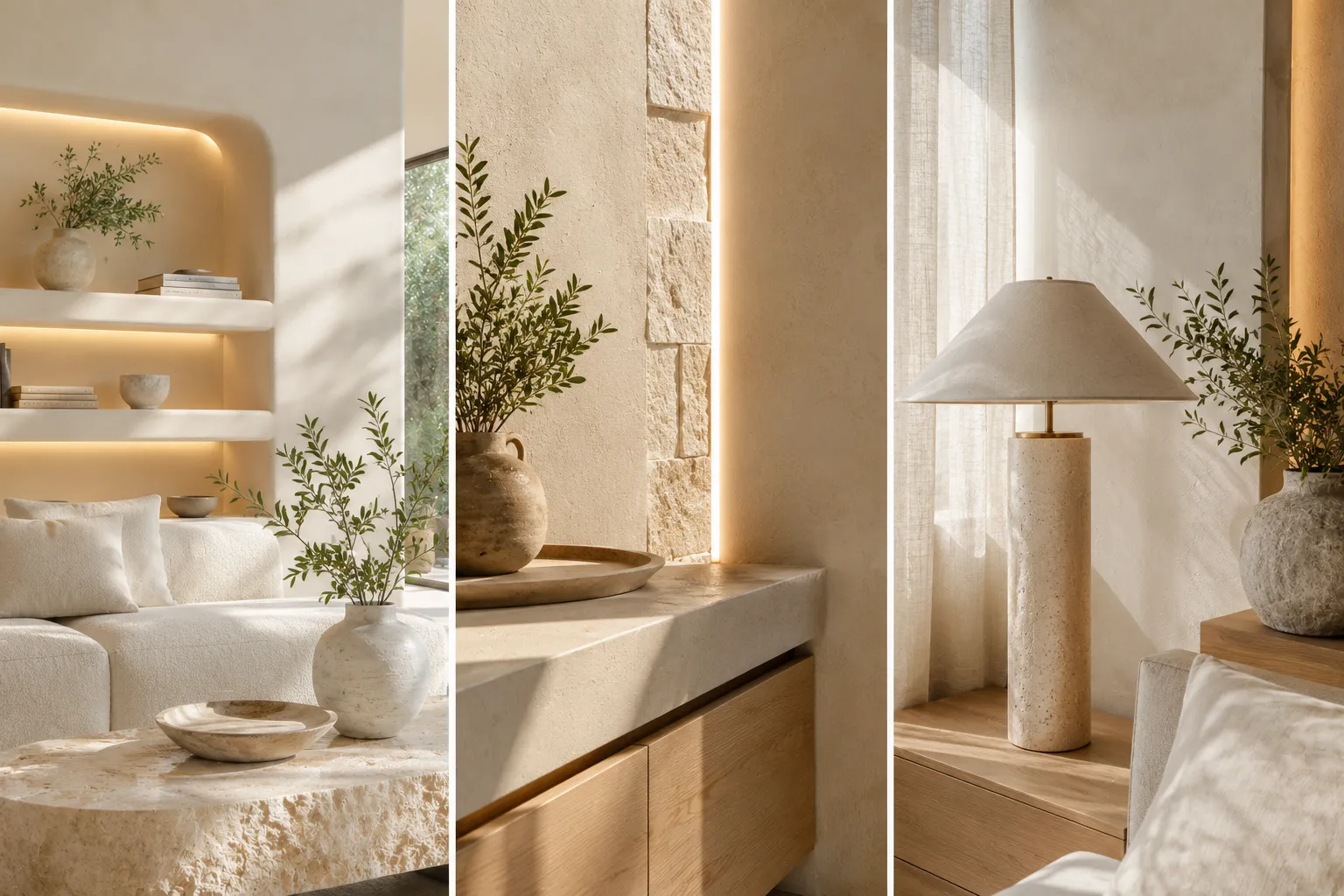 Detalles de interiorismo residencial con mobiliario orgánico de piedra, madera y textiles beige.