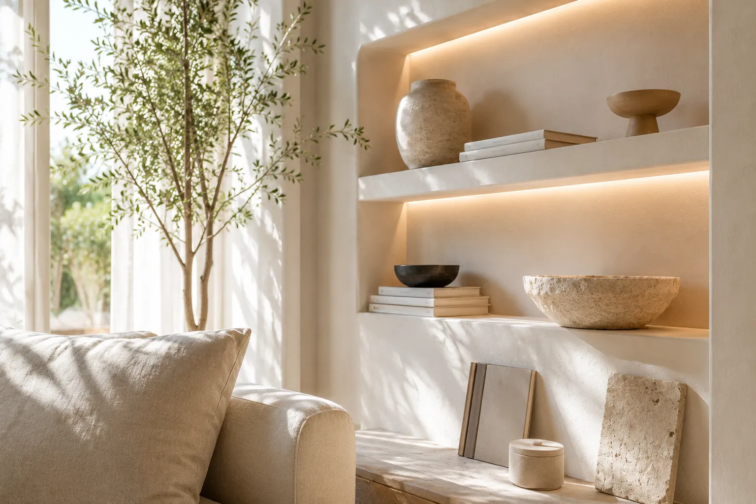 Estantería de obra iluminada y sofá beige en salón de lujo estilo mediterráneo contemporáneo.