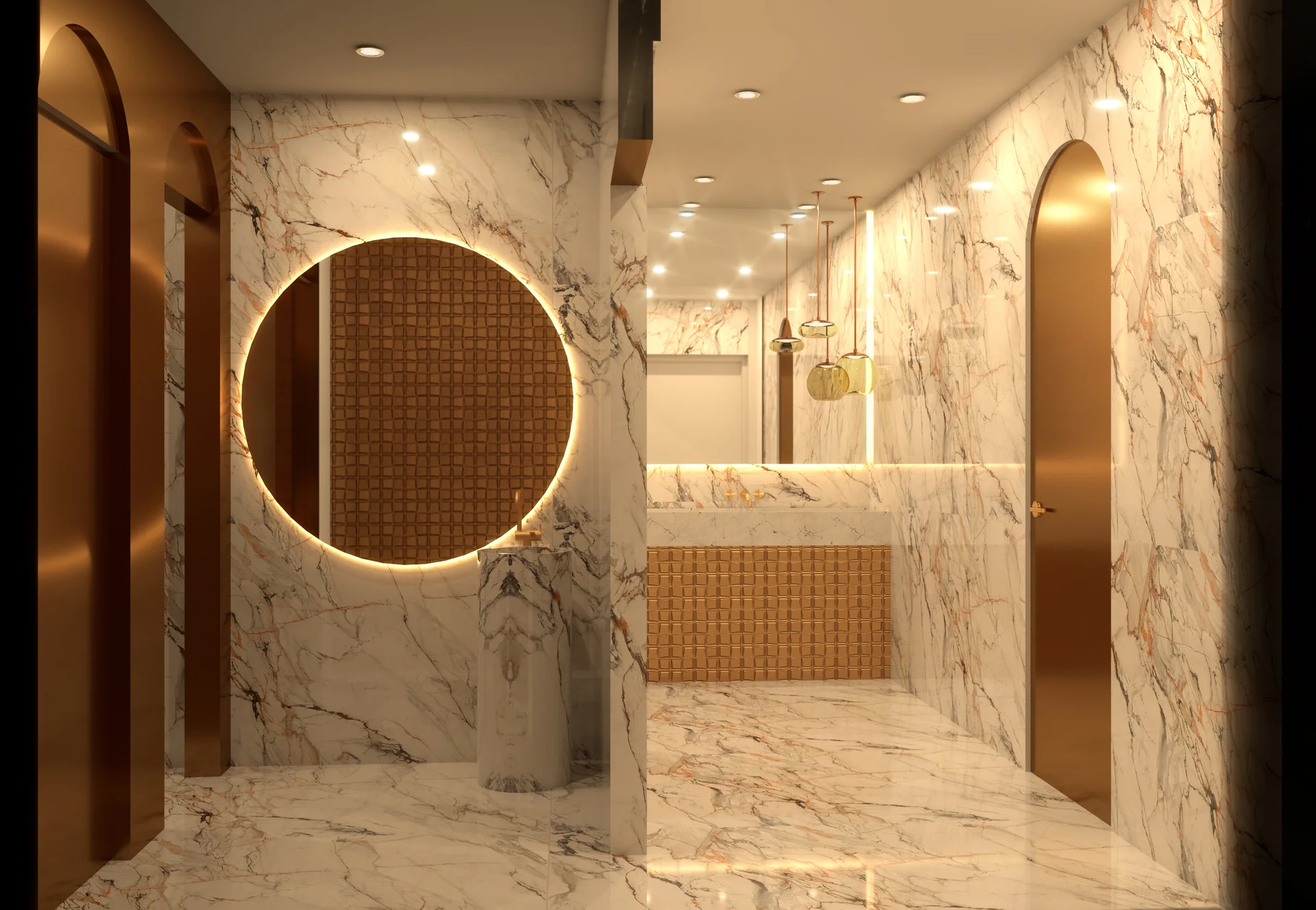 Baño comercial de lujo revestido de mármol con detalles y arcos en dorado.