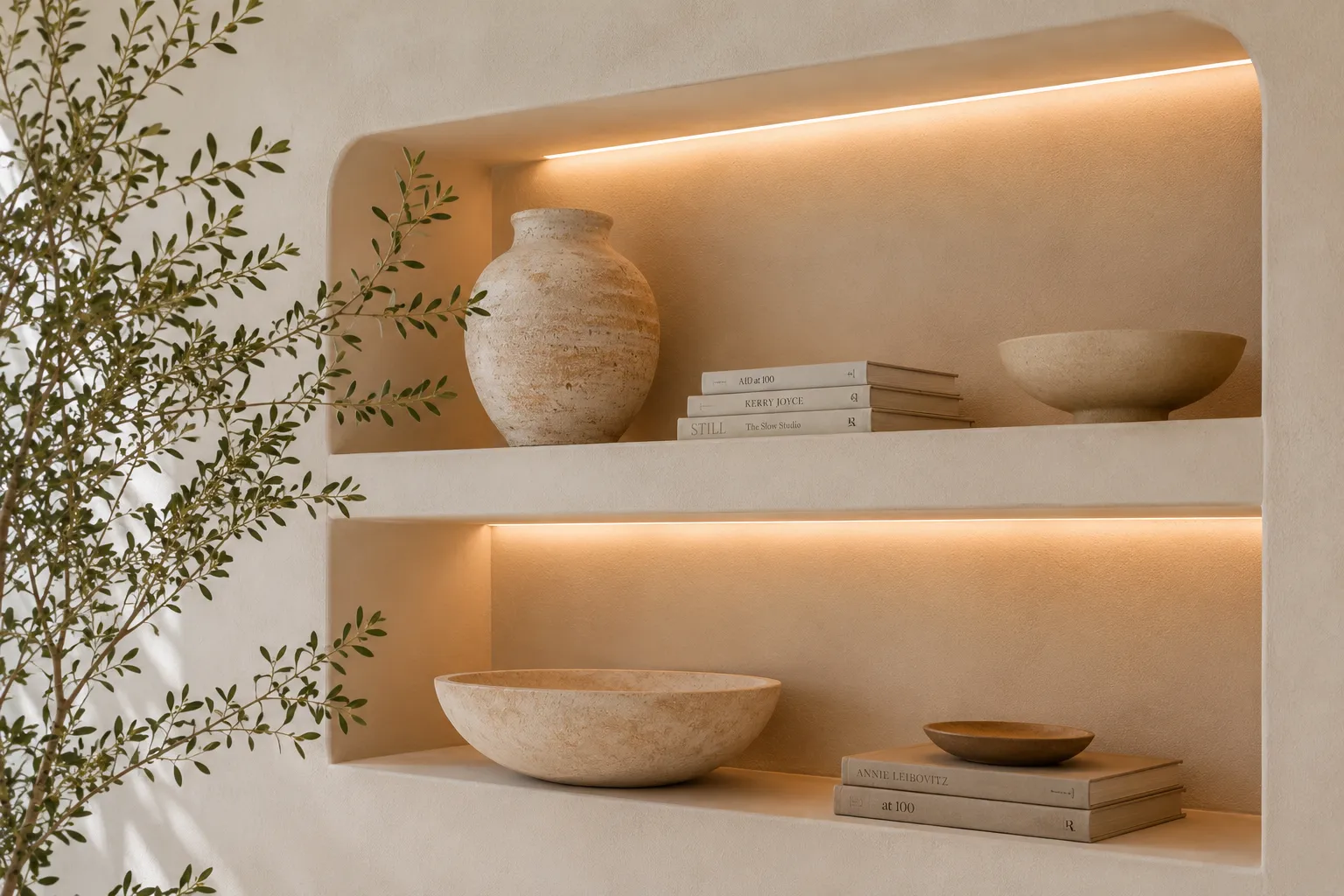 Estantería de obra iluminada con tiras LED y decoración minimalista de jarrones de piedra y libros.