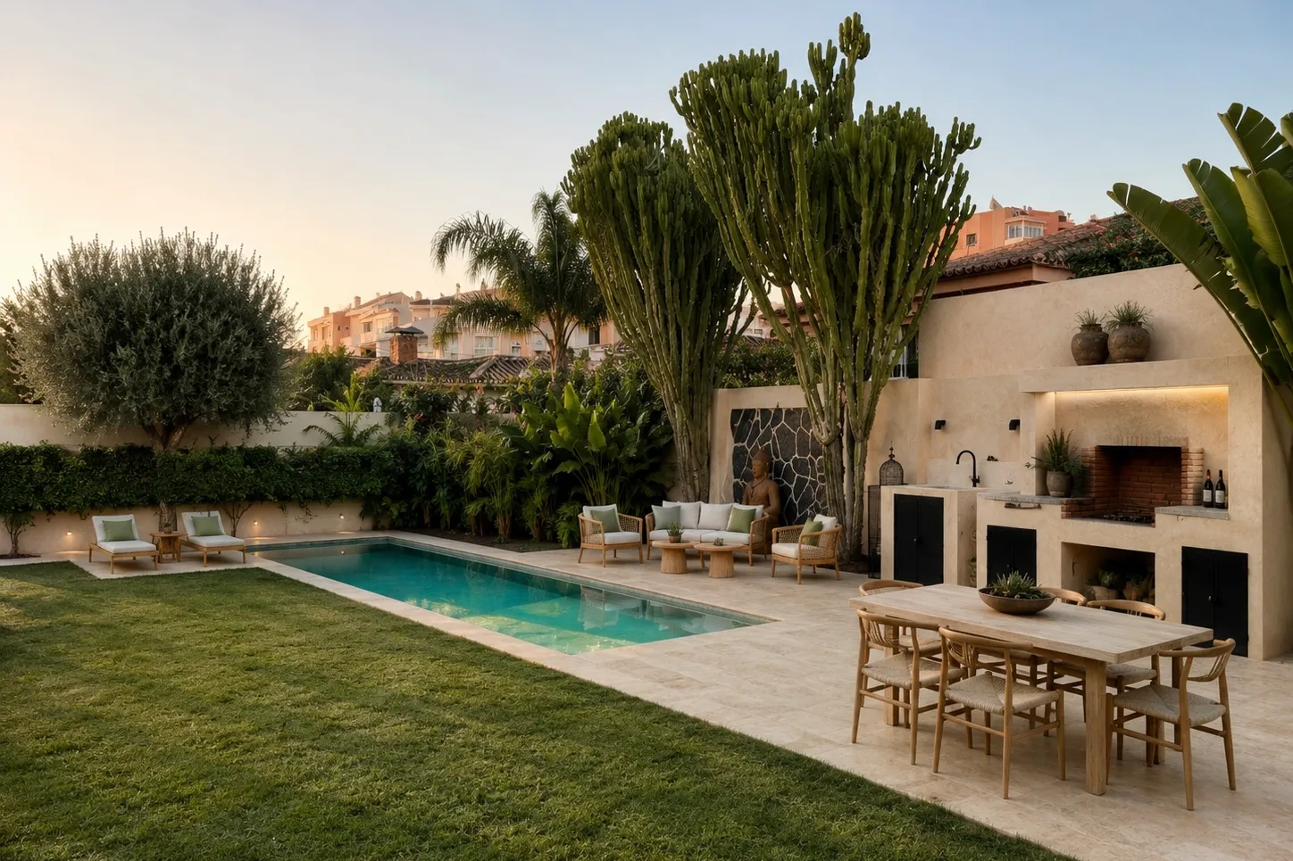 Terraza mediterránea con piscina, barbacoa exterior, comedor y zona de sofás.